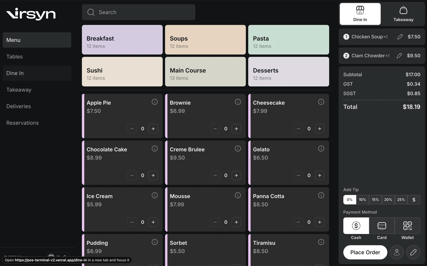 Restaurant POS dashboard — menu, categories, and order panel